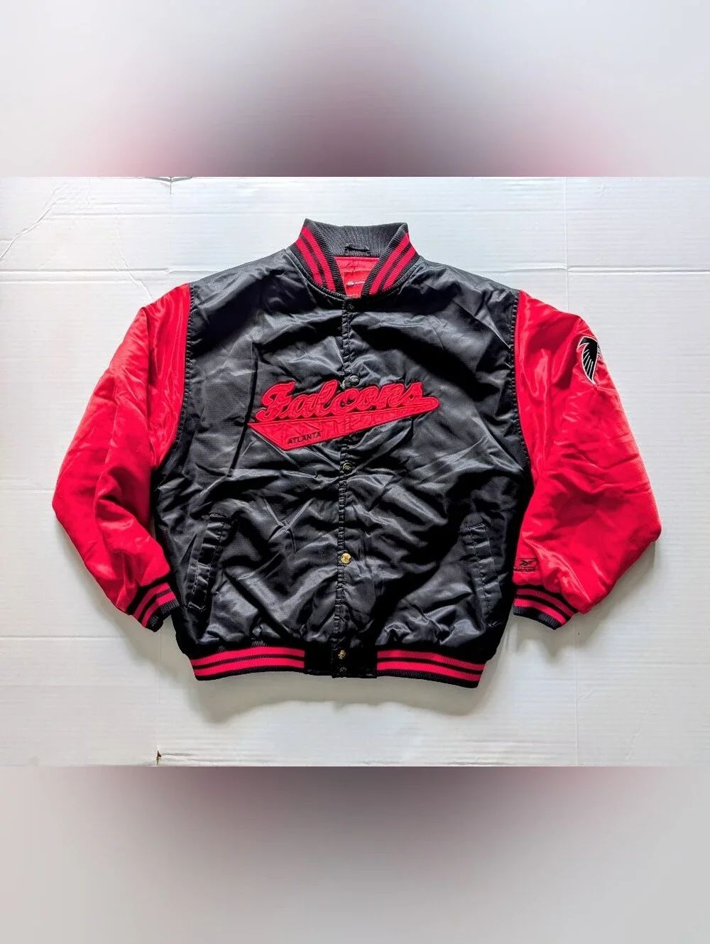 vintage Reebok FalconsRed/Black Satin Bomber Jacket | Mens size small